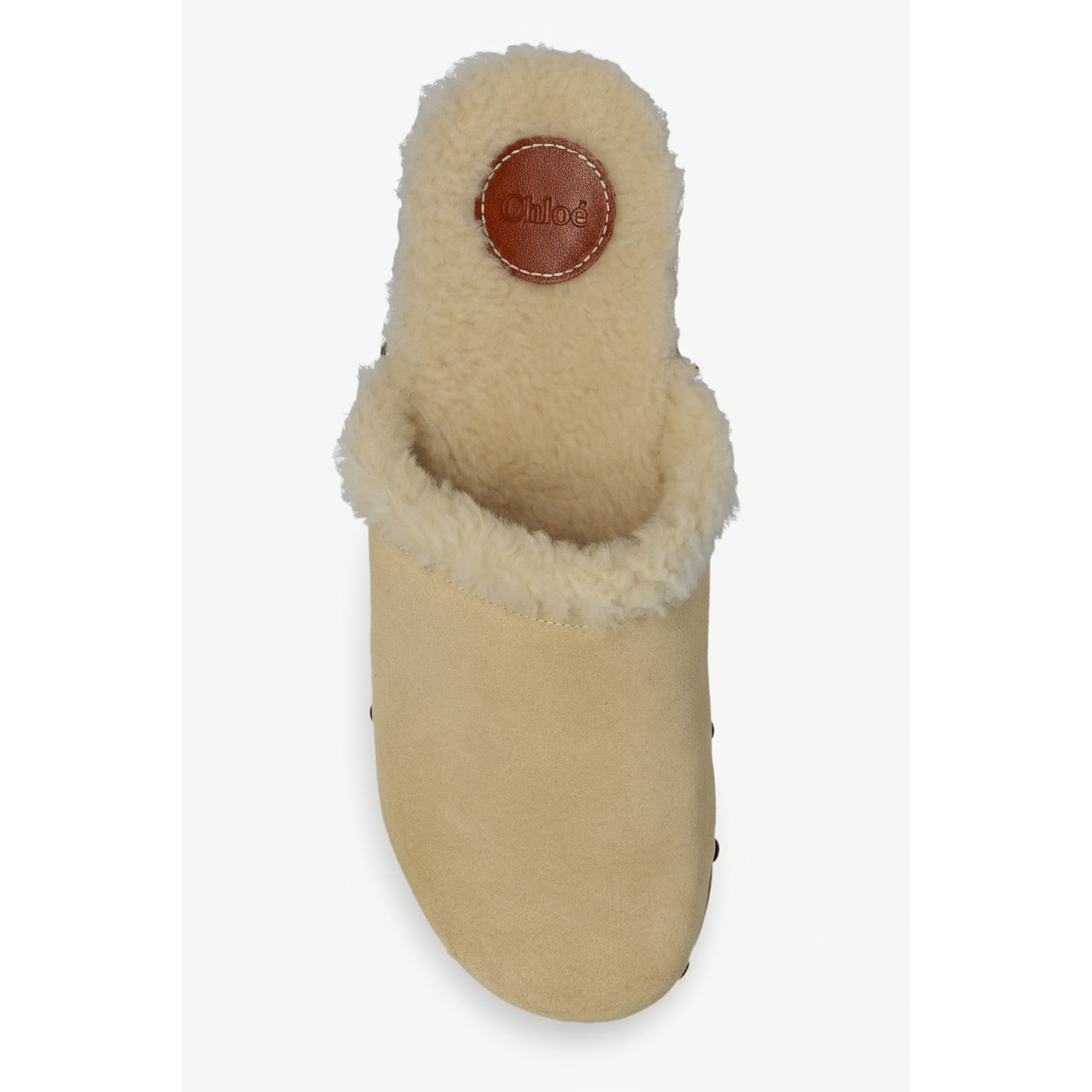 Chloé Beige Suede Shearling-Lined Studded Platform Clogs