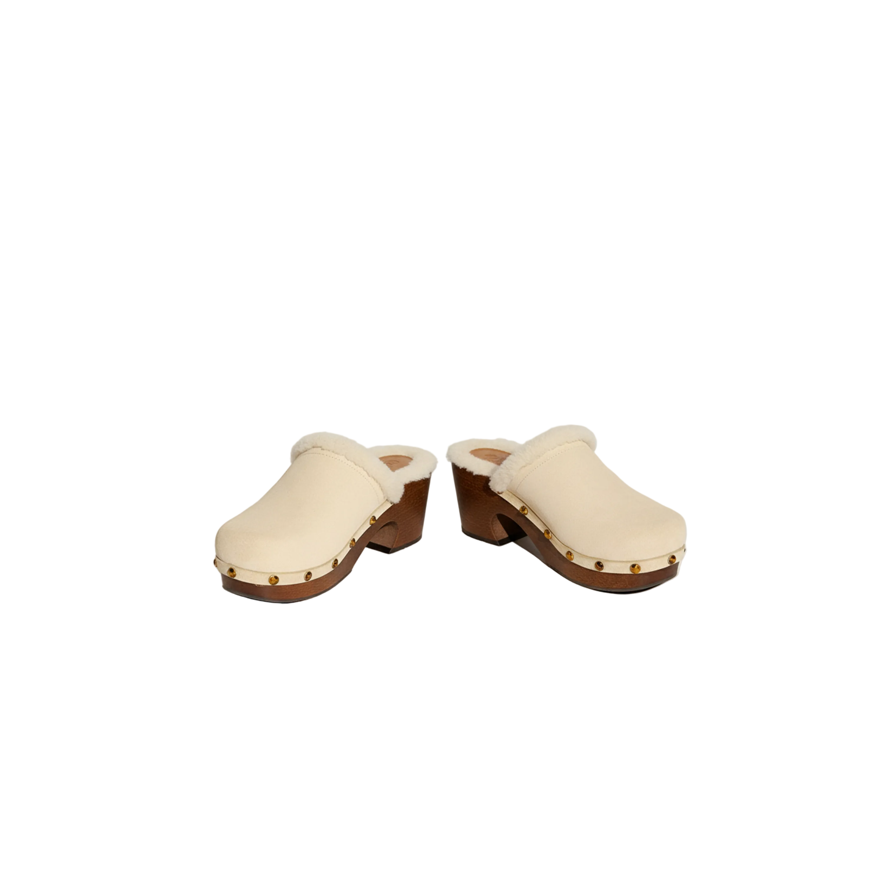 Chloé Beige Suede Shearling-Lined Studded Platform Clogs