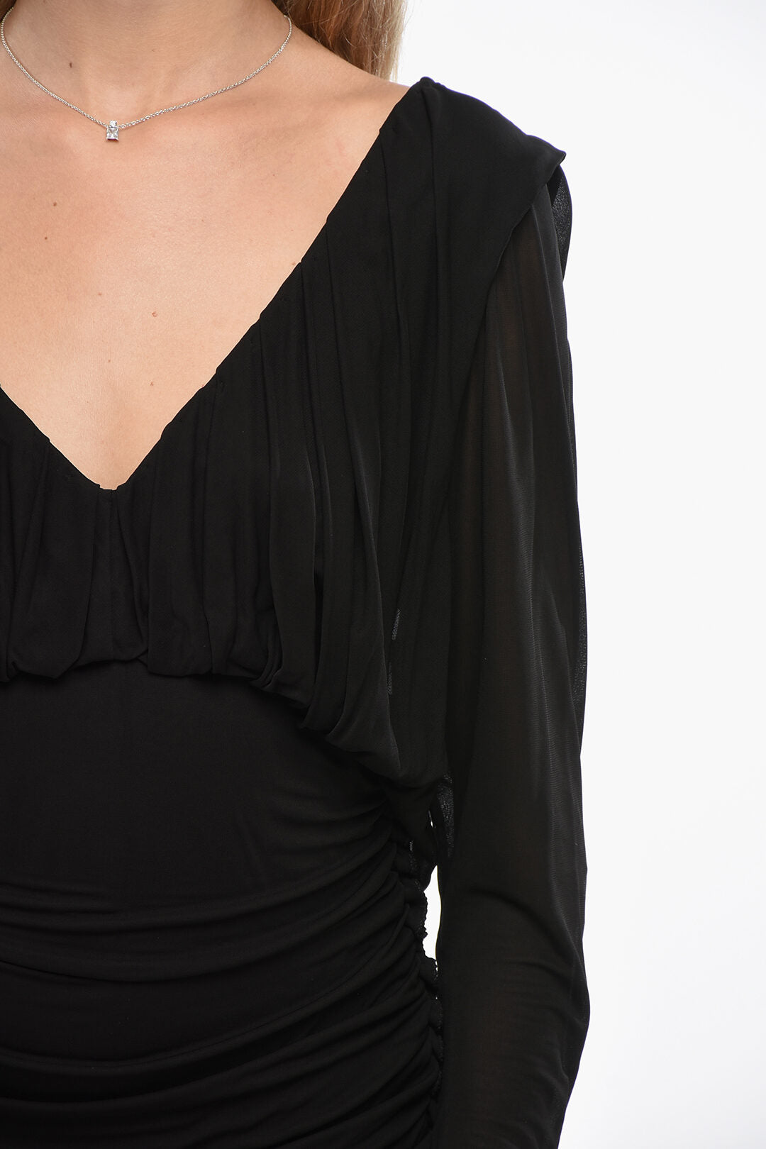 Saint Laurent Crepe De Chine Draped Dress With V-Neck