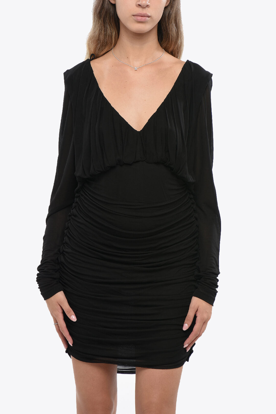 Saint Laurent Crepe De Chine Draped Dress With V-Neck