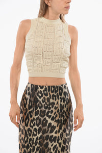 Balmain Cropped Knit Top with All-Over Monogram