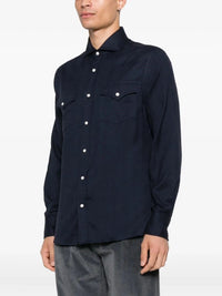 Brunello Cucinelli Men Flannel Chevron Shirt In Stretch Cotton