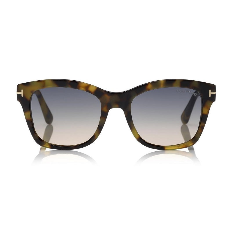Tom Ford Cat Eye Full Rim, with a Shiny Black frame and Gradient Smoke Silver Flash lens.