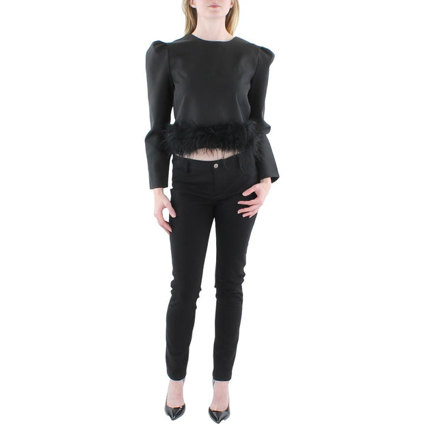 Womens Feather Trim Long Sleeve Cropped