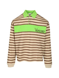 Versace Men Striped Cotton Polo Shirt With Inlay