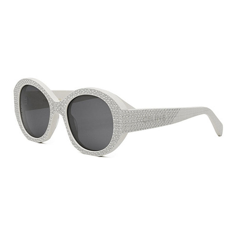 Celine Sunglasses Round Full Rim, Shiny Ivory with Silver Studs Embellishment Frame and Smoke Lens CL4240IS25A