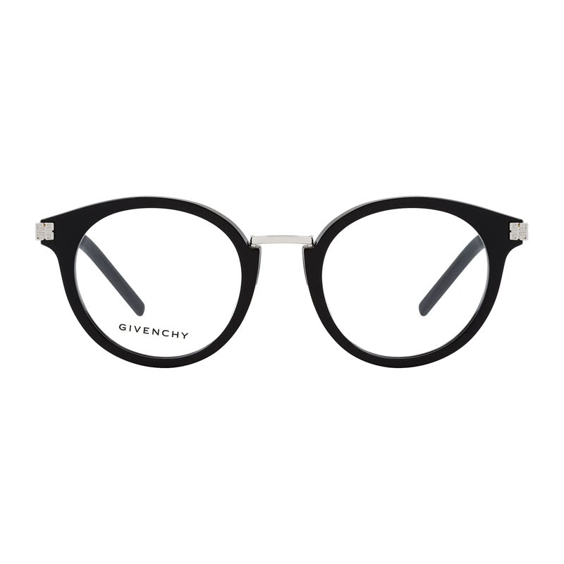 Givenchy Eyeglasses Round Full Rim, Shiny Black/Silver Frame and Clear Demo Lens Lens GV50013U001