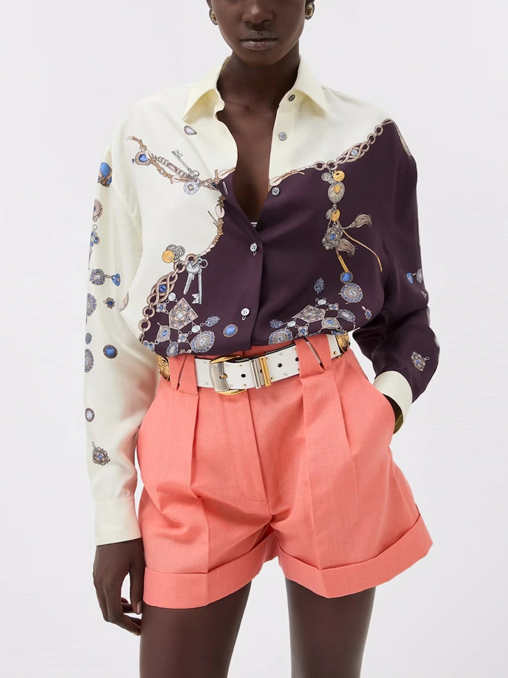 Versace Women Printed Silk Twill Shirt Stolen Jewels Print