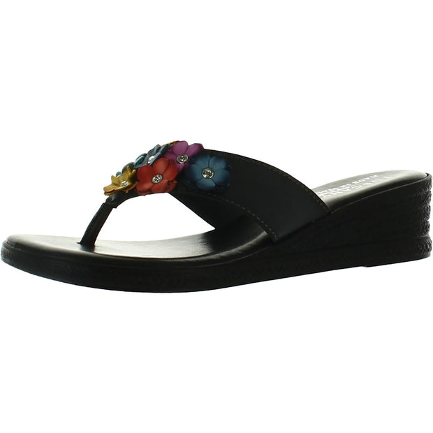 Giordana Womens Faux Leather Floral Wedge Sandals