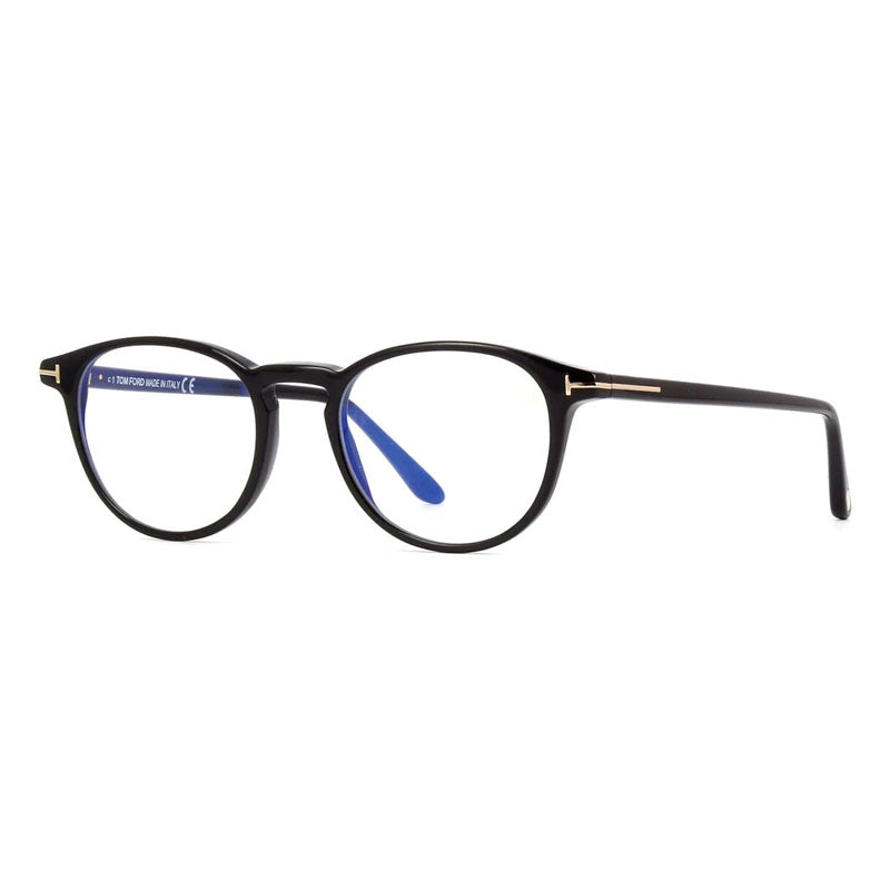 Tom Ford Eyeglasses Round Full Rim, Shiny Black Frame and Clear/Blue-Light Block Lenses Lens FT5803-B001
