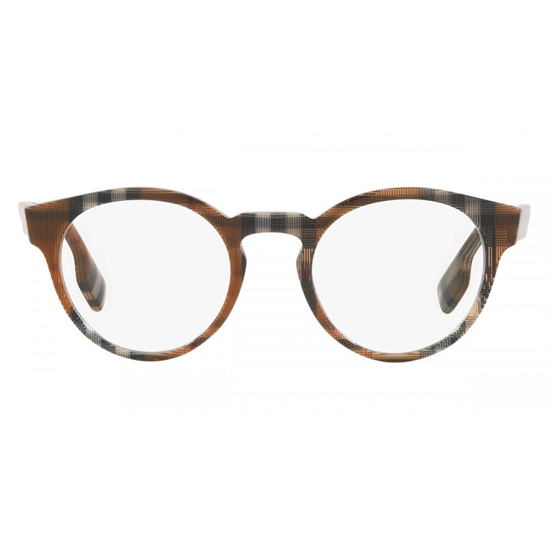 Burberry Eyeglasses Round Full Rim, Check Brown Frame and Clear Demo Lenses Lens BE23543967
