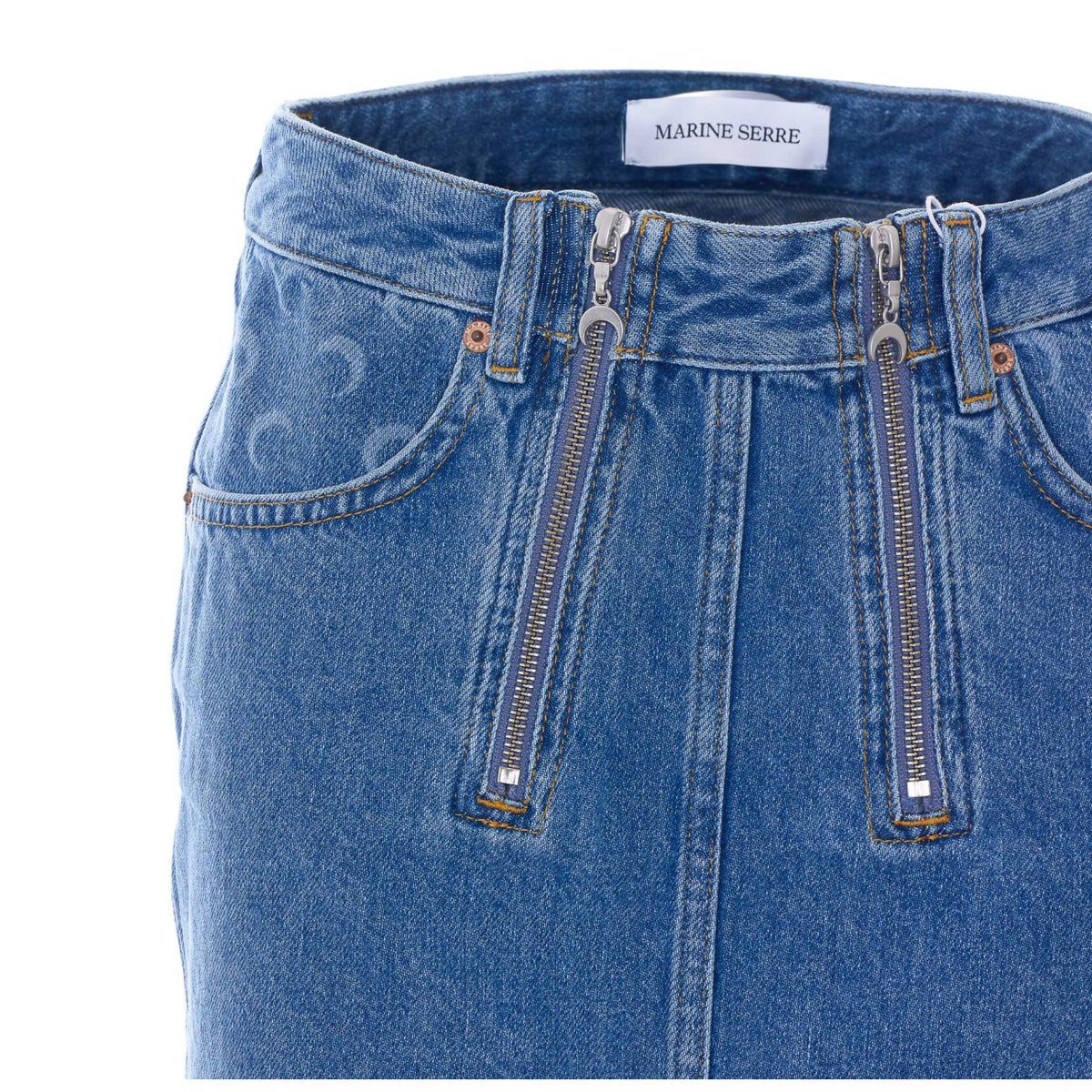 Marine Serre Women Denim Zipped Mini Skirt With Moon Logo