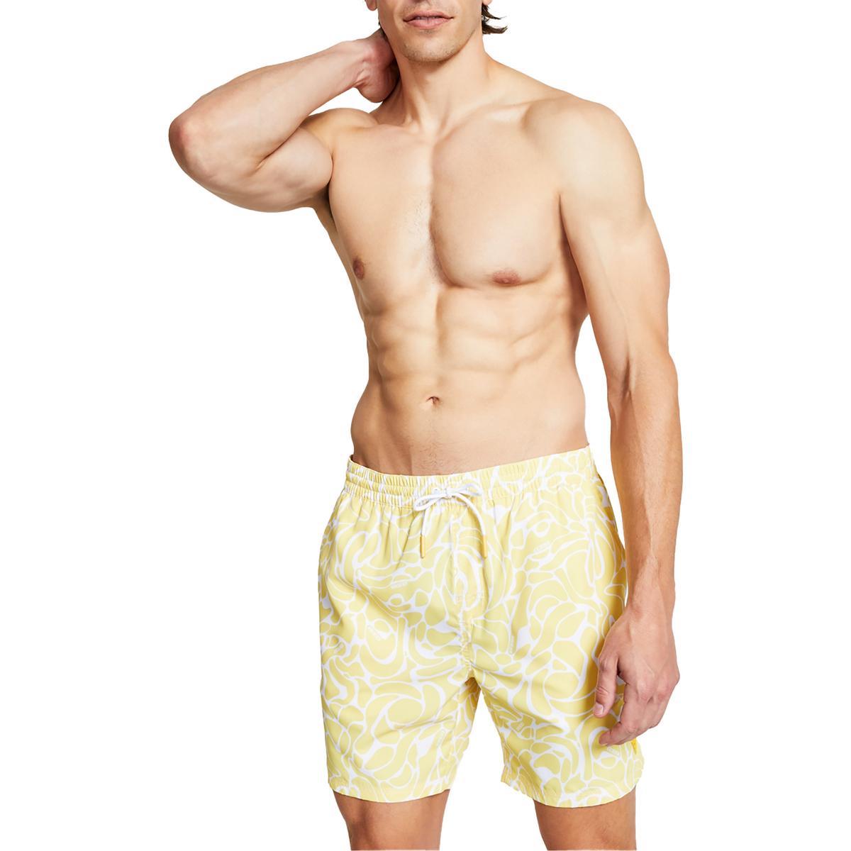Mens Drawstring Printed Swim Trunks 35" Waist Abstract Yellow White