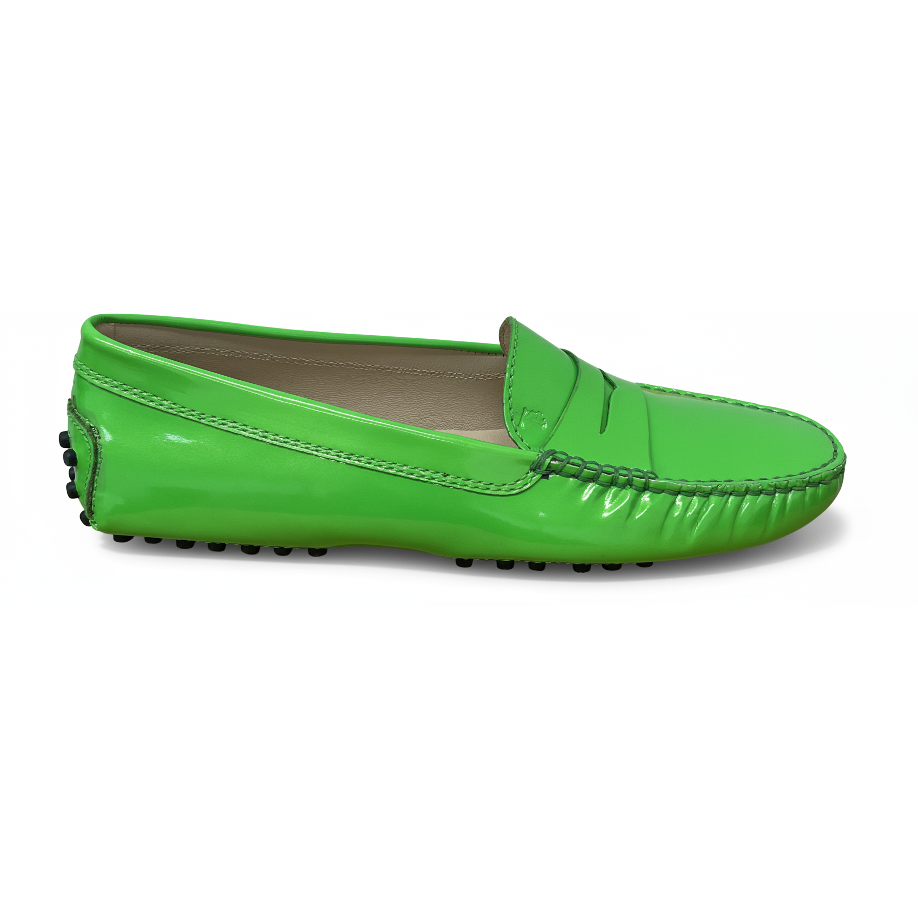 Tod’s Neon Green Patent Leather Driving Loafers with Rubber Pebble Sole