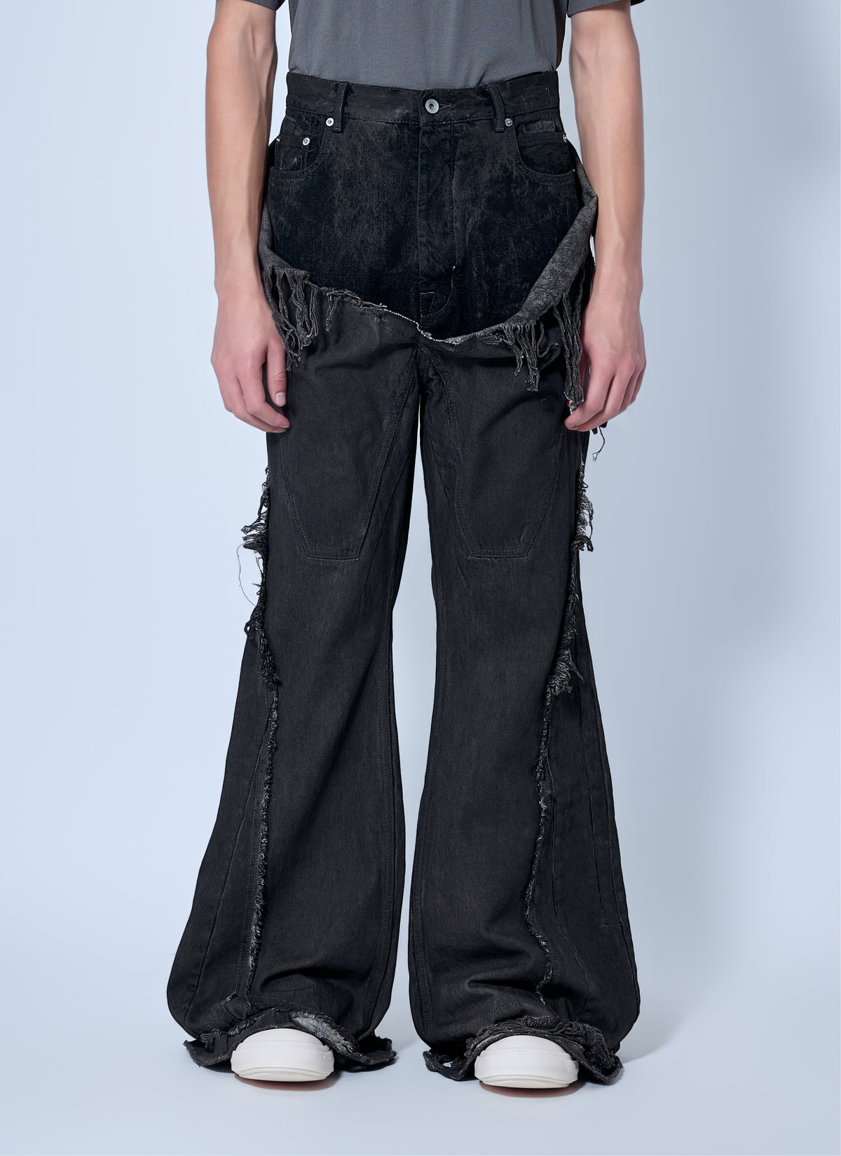 Rick Owens Drkshdw Men Shredded Denim Slivered Bootcut Jeans