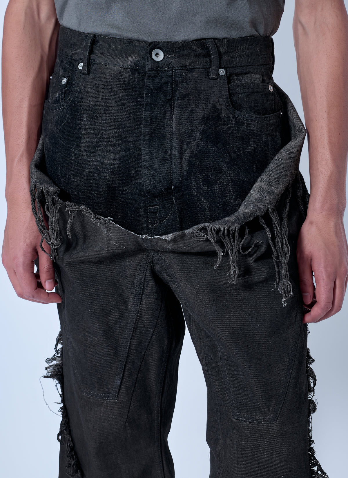 Rick Owens Drkshdw Men Shredded Denim Slivered Bootcut Jeans