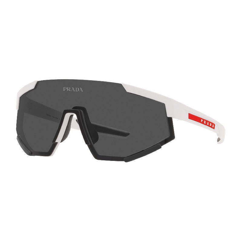 Prada Sport Sunglasses Shield Rimless, Black Rubber Frame and Dark Grey Lens PS04WSFDG006F