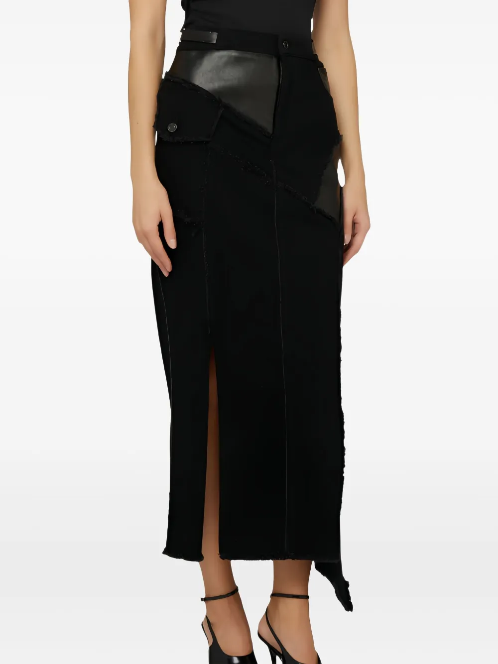 Tom Ford Frayed Patchwork Denim and Leather Skirt