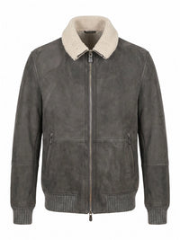 Brunello Cucinelli Men Suede Curly Shearling Bomber Jacket