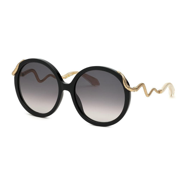 Roberto Cavalli Sunglasses Round Full Rim, Shiny Black/Gold Frame and Grey Gradient Lens SRC004M0700
