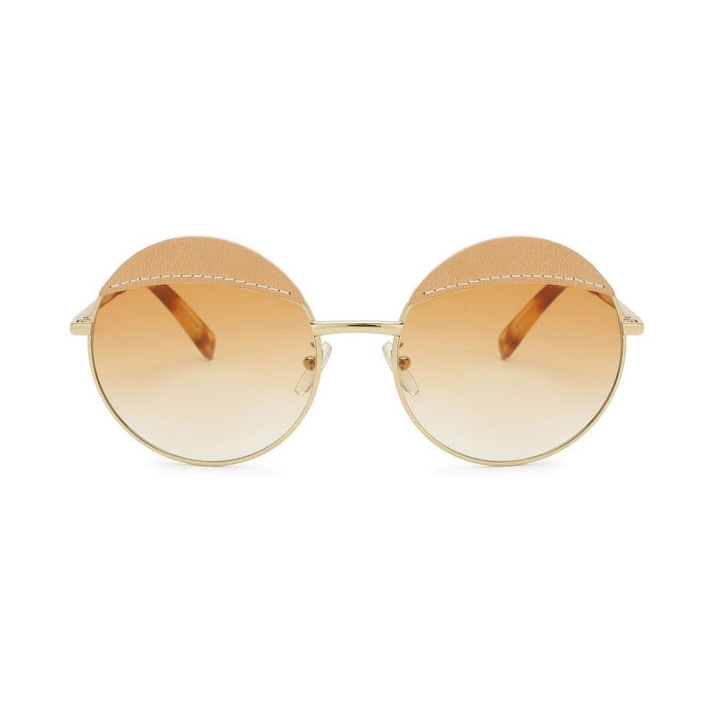 Loewe Sunglasses Round Full Rim, Gold Brown Leather Frame and Brown Lens LW40007U33N