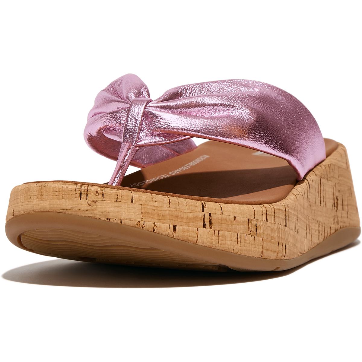 F-Mode Leather Twist Womens Cork Leather Thong Sandals