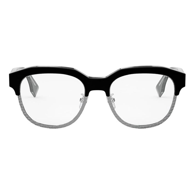 Fendi Eyeglasses Browline Full Rim, Black/Shiny Silver Frame and Clear Demo Lenses Lens FE50068U020