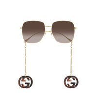 Gucci Sunglasses Square Full Rim, Gold/with Havana Detachable Jewelry Charm Frame and Brown Gradient Lens GG1031S003