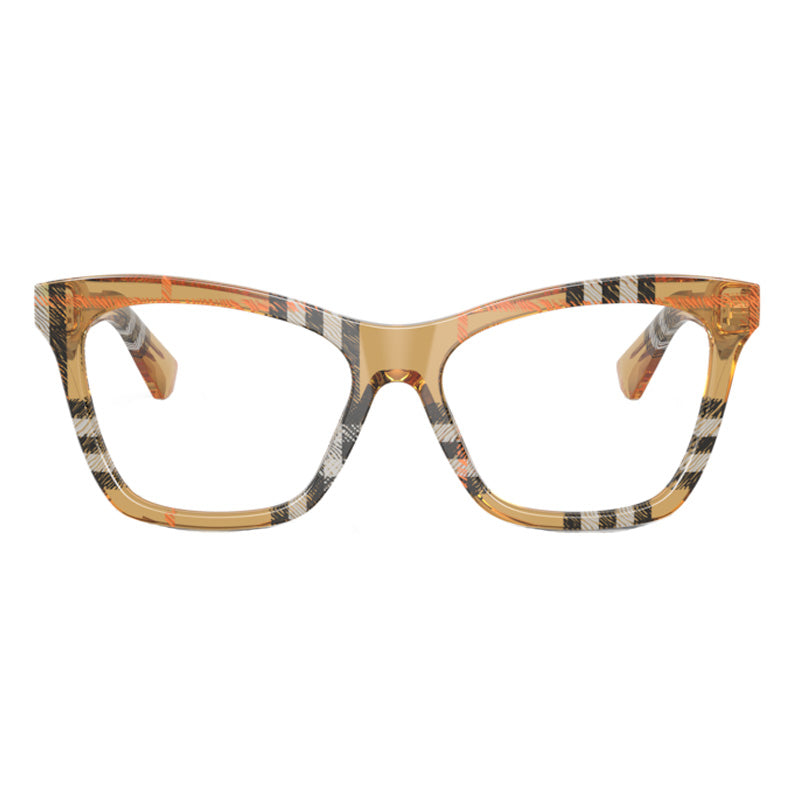 Burberry Eyeglasses Cat Eye Full Rim, Check Sand Frame and Clear Demo Lenses Lens BE24164146