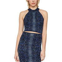 Womens Snake Print Halter Crop Sweater Dark Navy Combo