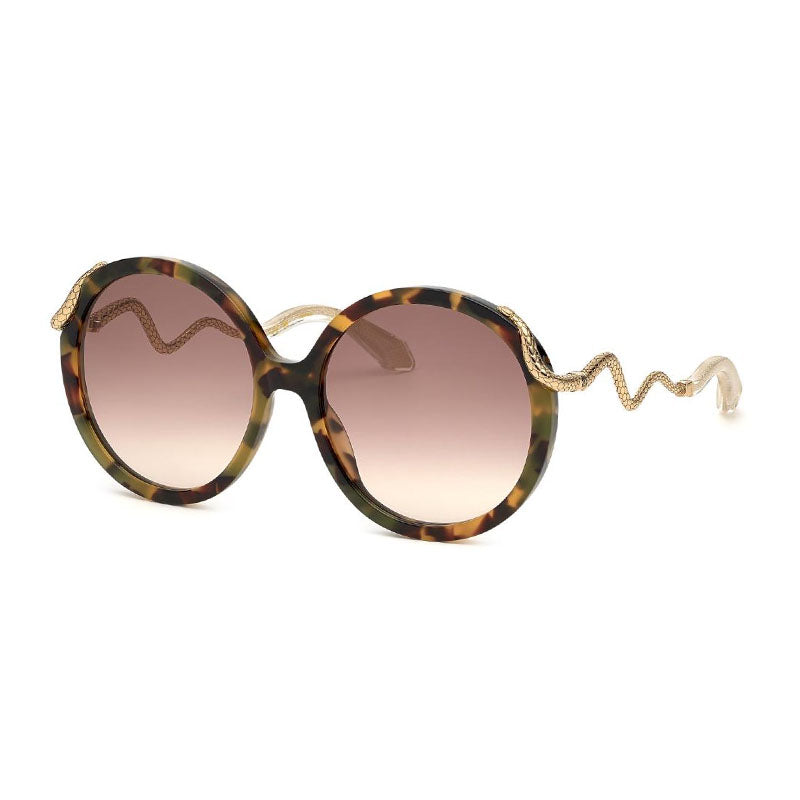 Roberto Cavalli Sunglasses Round Full Rim, Shiny Black/Gold Frame and Grey Gradient Lens SRC004M0700
