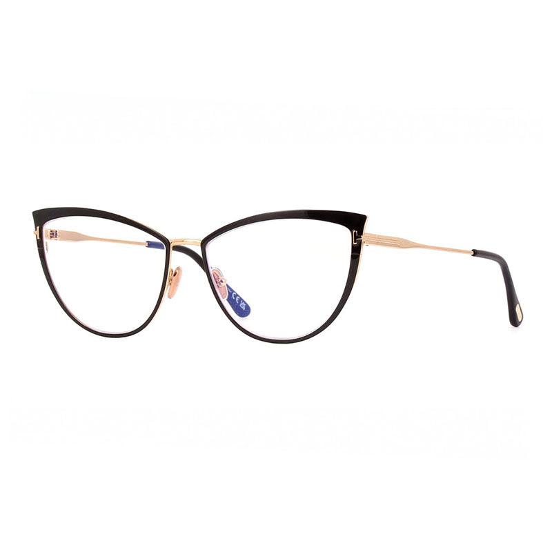 Tom Ford Tom Ford Eyeglasses Cat Eye Full Rim, Shiny Black/Gold Frame and Clear Blue Light Block Lens FT5877-B001