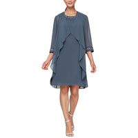 Petites Womens Mini Embellished Two Piece Dress Steel