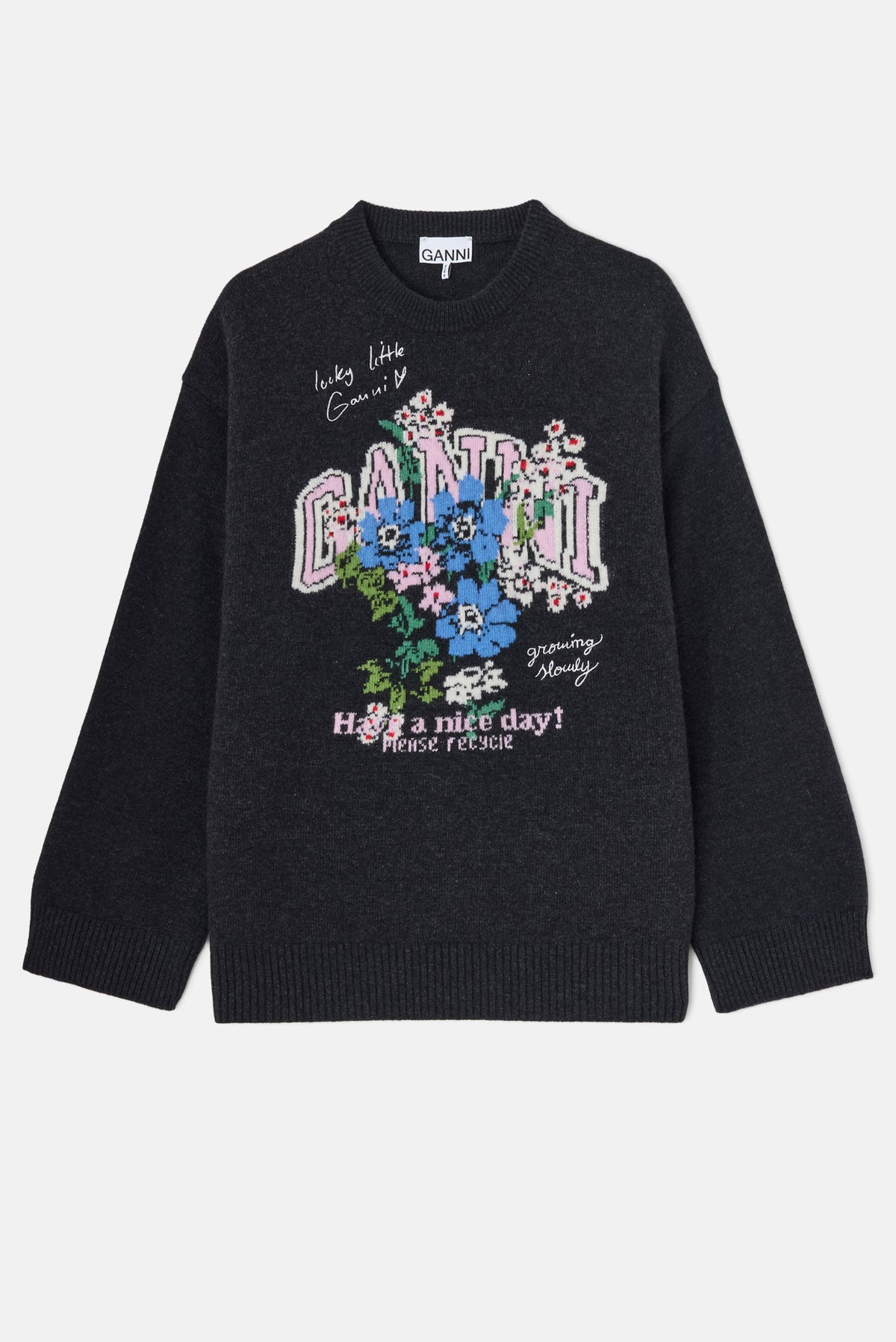 Ganni Women Graphic Wool Oversized Sweater Flowers