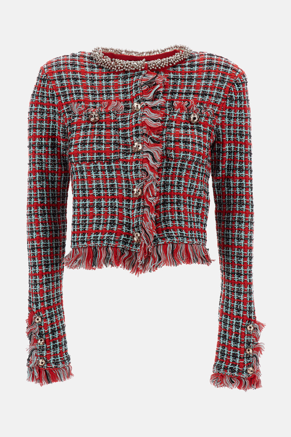 Self-Portrait Women Red Check Frayed Knit Jacket