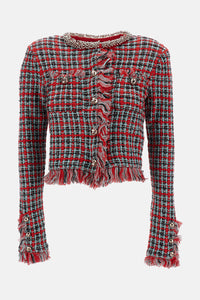 Self-Portrait Women Red Check Frayed Knit Jacket