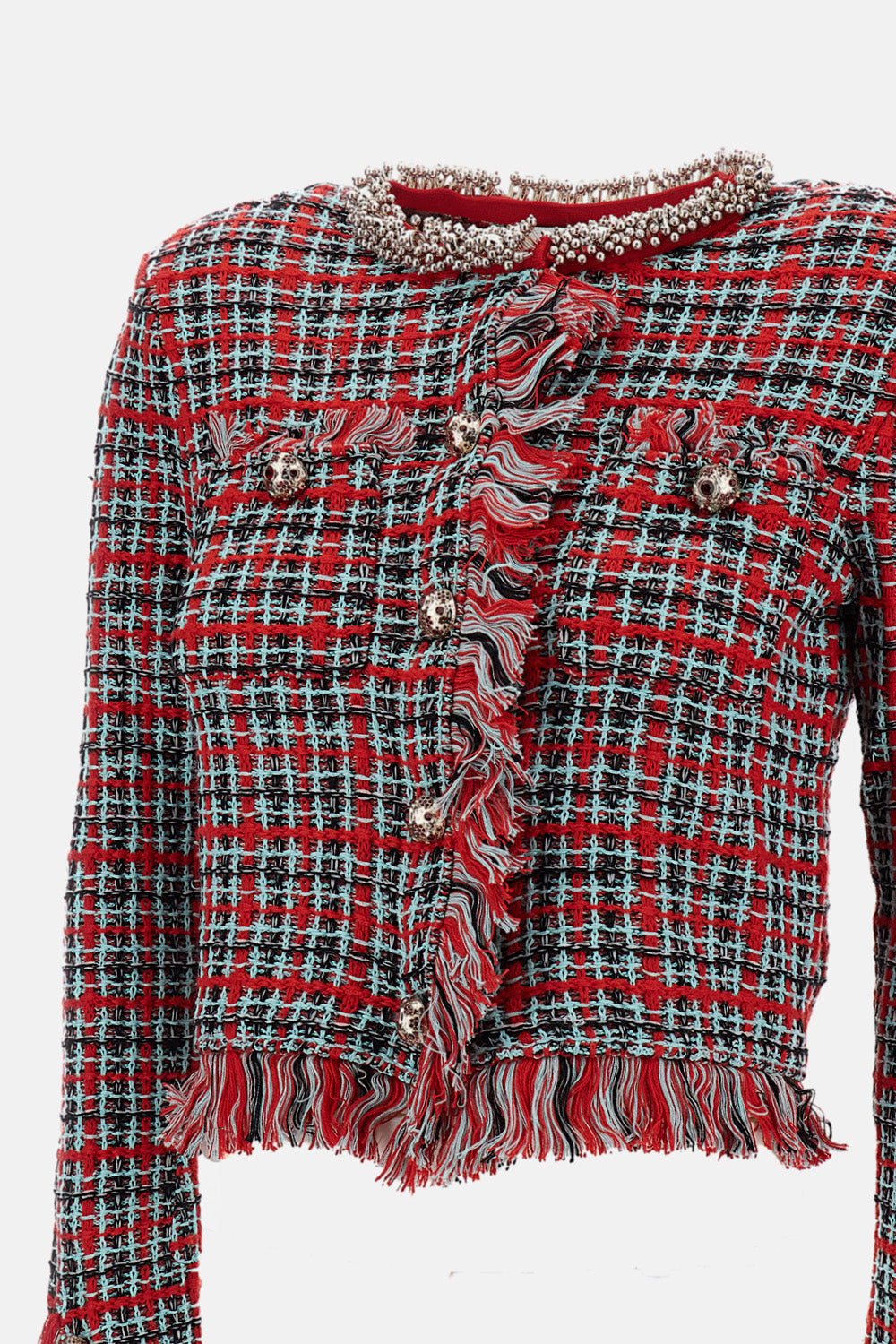 Self-Portrait Women Red Check Frayed Knit Jacket
