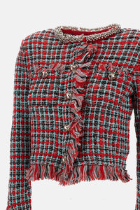 Self-Portrait Women Red Check Frayed Knit Jacket