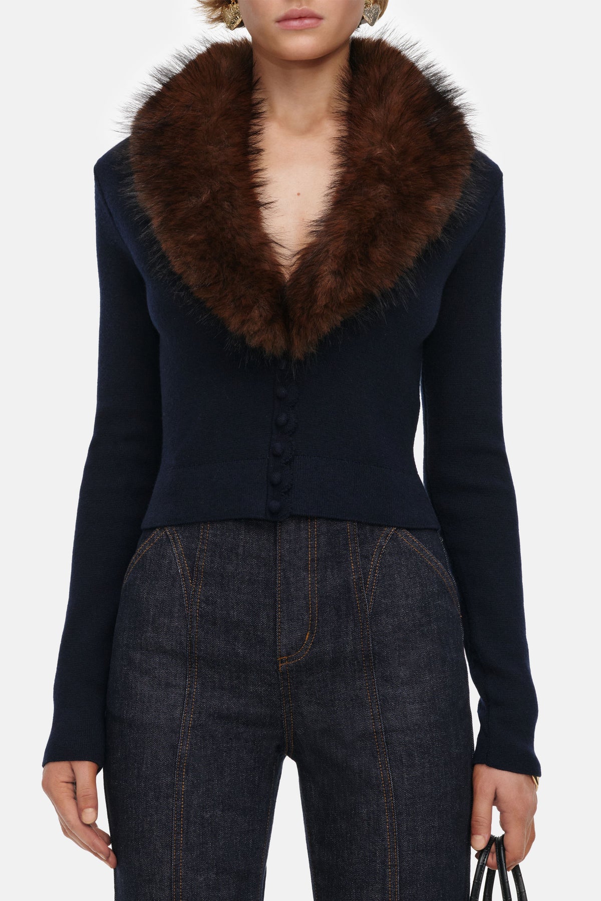 Self-Portrait Women Navy Faux Fur Knit Cardigan