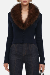 Self-Portrait Women Navy Faux Fur Knit Cardigan