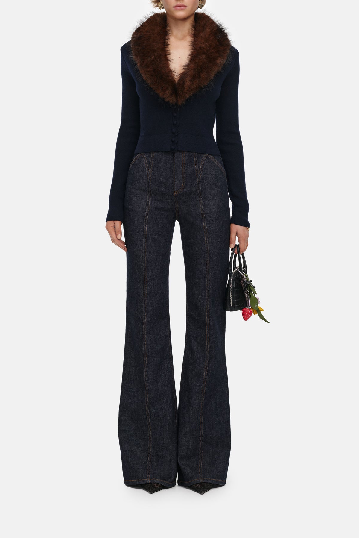 Self-Portrait Women Navy Faux Fur Knit Cardigan