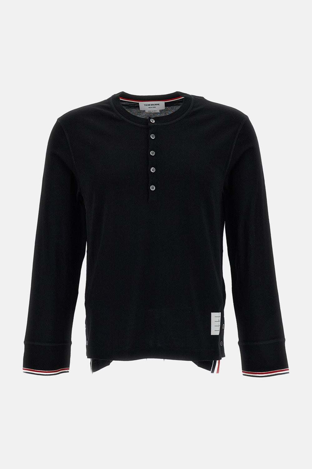 Thom Browne Men Ls Henley W/ Rwb Tipping Stripe In Wool Jersey