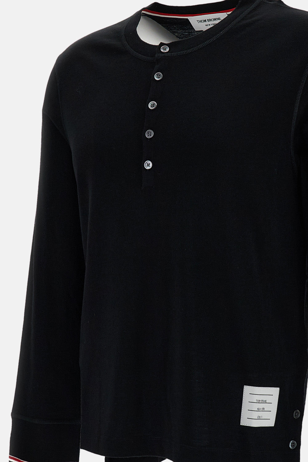 Thom Browne Men Ls Henley W/ Rwb Tipping Stripe In Wool Jersey