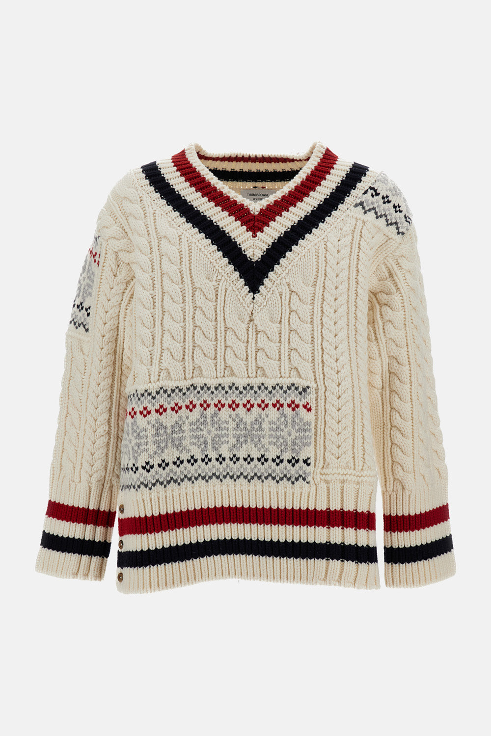 Thom Browne Men Patchwork Cable Fairisle V Neck Cricket Pullover In Merino Wool