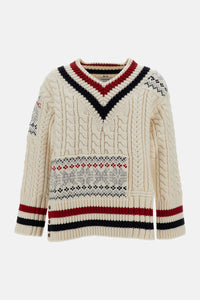 Thom Browne Men Patchwork Cable Fairisle V Neck Cricket Pullover In Merino Wool