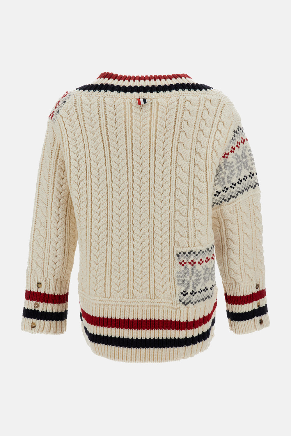 Thom Browne Men Patchwork Cable Fairisle V Neck Cricket Pullover In Merino Wool