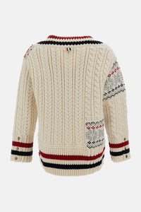 Thom Browne Men Patchwork Cable Fairisle V Neck Cricket Pullover In Merino Wool