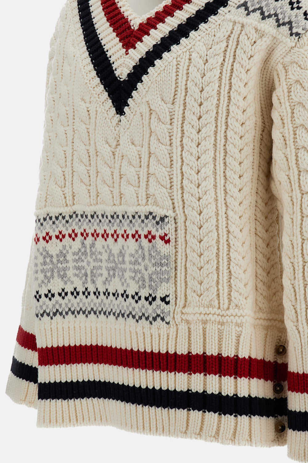 Thom Browne Men Patchwork Cable Fairisle V Neck Cricket Pullover In Merino Wool