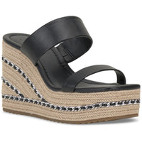 NYLANA Womens Square Toe Manmade Wedge Sandals Black Smooth