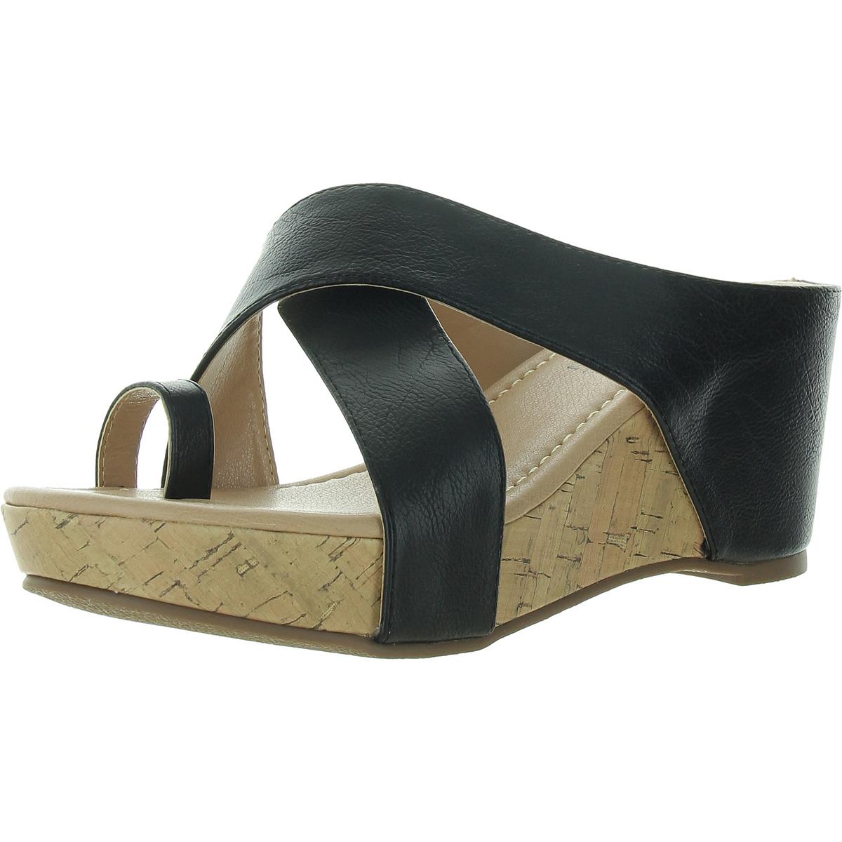 Womens Toe Loop Faux Leather Wedge Sandals